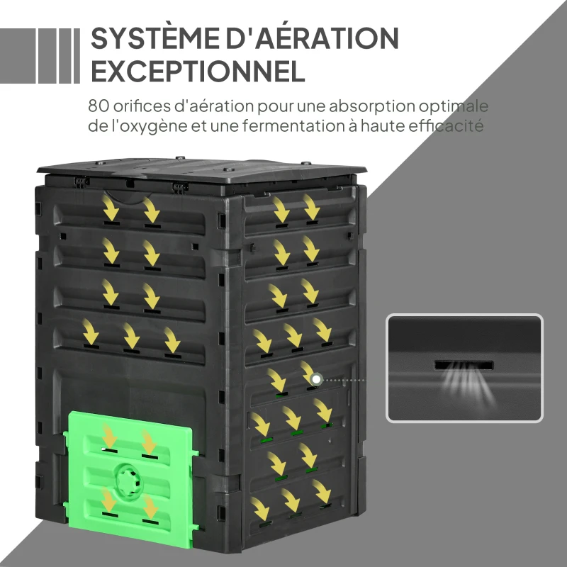 Outsunny Composteur de jardin 450 L, bac composteur pour jardin, 80 aérations et 2 portes coulissantes, 69 x 71 x 103 cm, noir