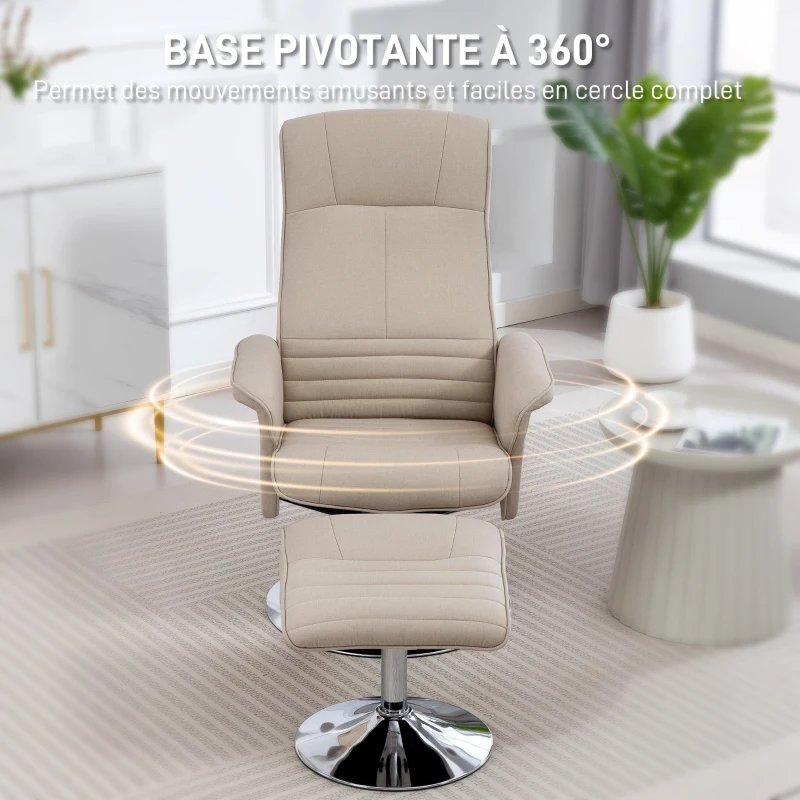 HOMCOM Fauteuil relax inclinable 135° pivotant 360° avec repose-pieds revêtement tissu beige