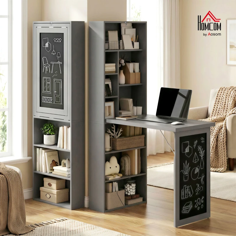 HOMCOM Folding Convertible Desk with Blackboard Multi-function Computer Office Workstation Side Shelf for Home Office, Grey