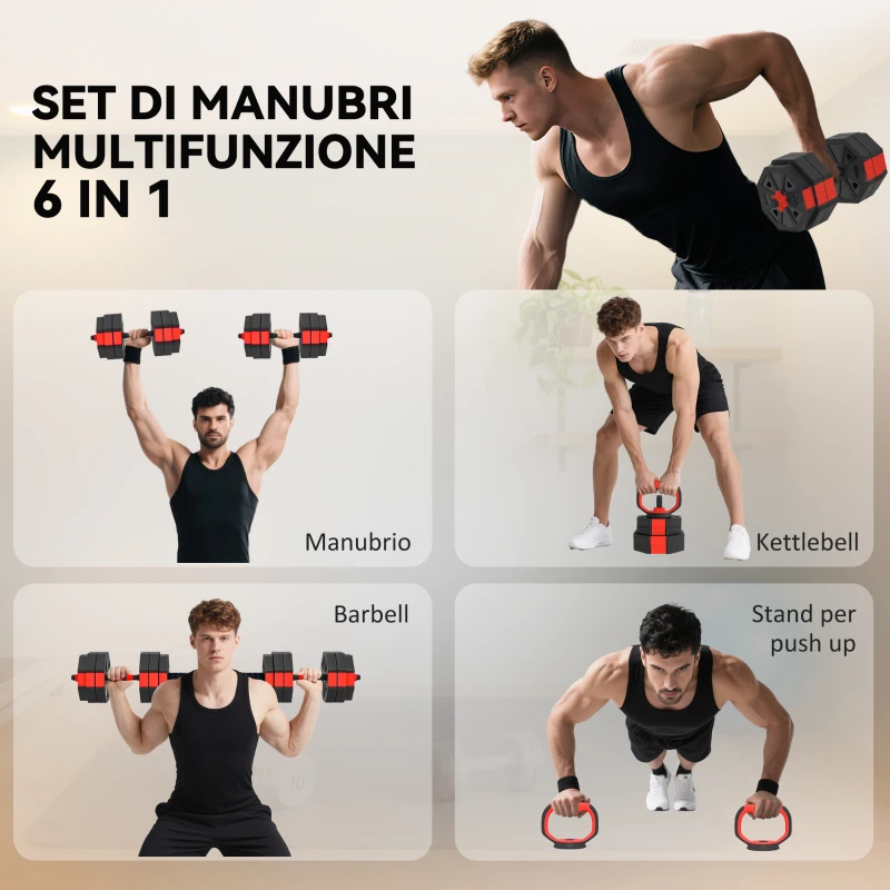 SPORTNOW Set Pesi da Palestra 6 in 1 da 30kg, Convertibile in Kettlebell, 2 Manubri, Bilanciere e Supporto Flessioni, Rosso