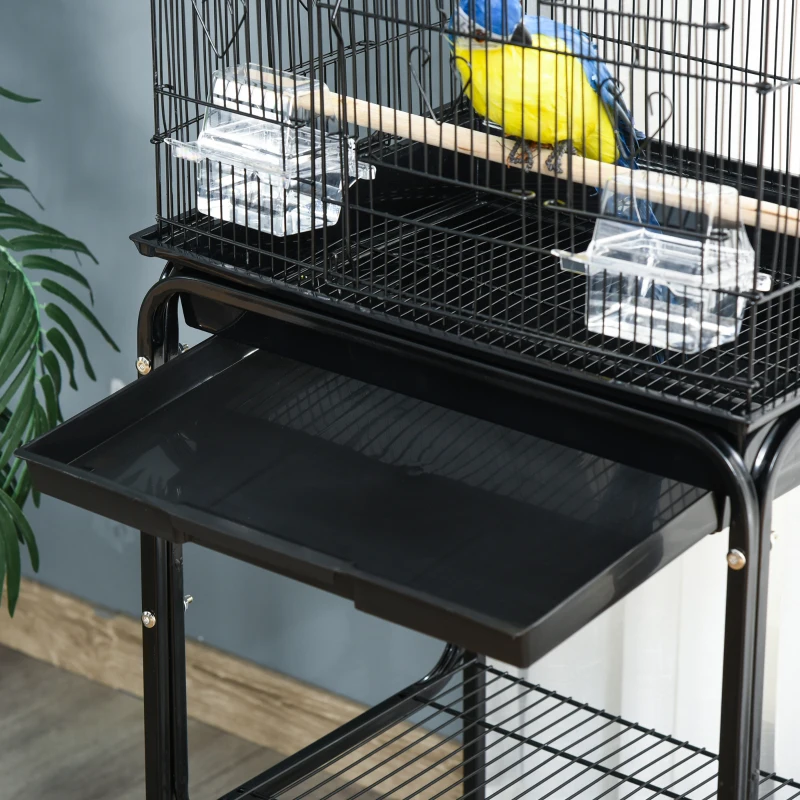 PawHut Bird Cage for Finch Budgie Cage with Stand Wheels, Slide-out Tray, Accessories, Storage Shelf, Black 46.5 x 36 x 157 cm