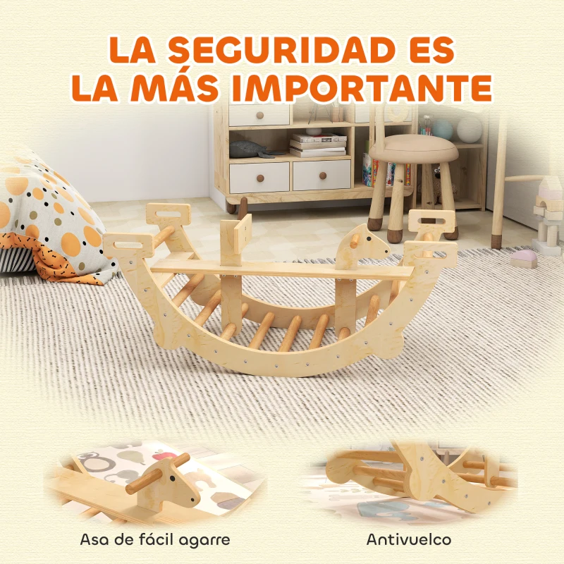 AIYAPLAY 2 en 1 Arco de Escalada de Madera y Caballito Balancín Estructura de Escalada Montessori para Niños de 2-4 Años Natural