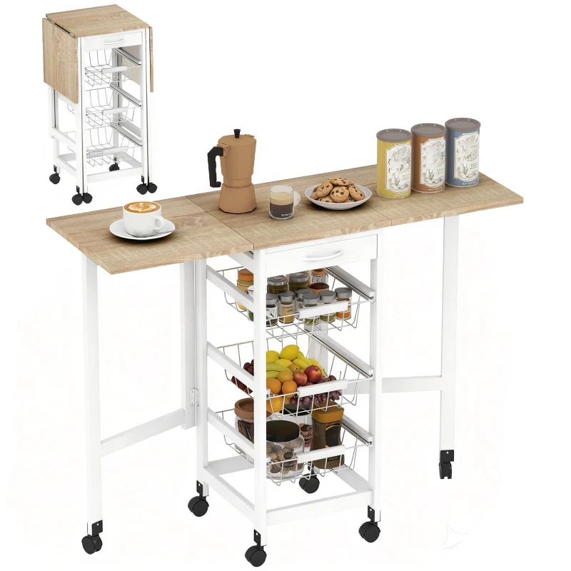 HOMCOM Carrito Auxiliar Plegable Carrito de Cocina con 6 Ruedas 1 Cajón y 3 Cesta de Metal 97,2x37x77,5 cm Blanco y Roble