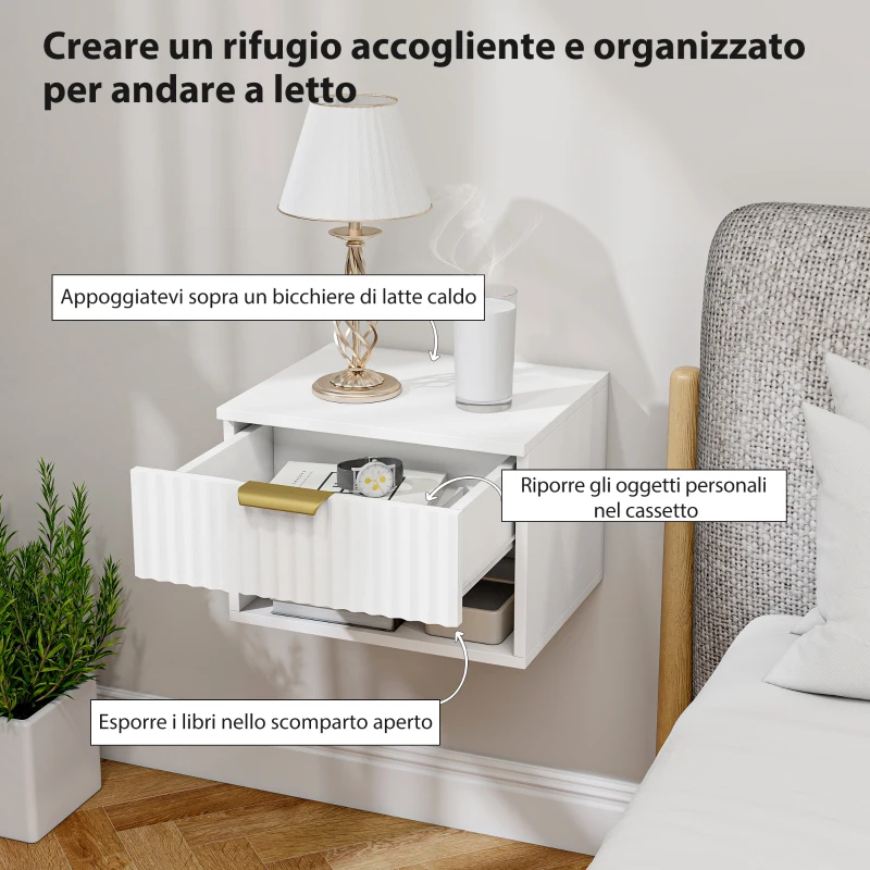 HOMCOM Set di 2 Comodini Sospesi con Pannelli Scanalati, Cassetto e Ripiano, 40x34x29 cm, Bianco