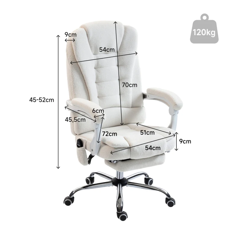 Vinsetto Silla de oficina dirección masajeadora calefactable altura regulable respaldo reclinable tela de lino blanco