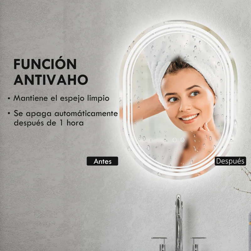 kleankin Espejo Baño con Luz 70x50 cm 3 Colores de Luz, Función Antivaho, Función de Memoria, IP44, Horizontal/Vertical