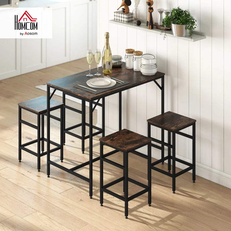 HOMCOM Industrial Rectangular Bar Table Set with 4 Stools for Dining Room, Kitchen, Dinette