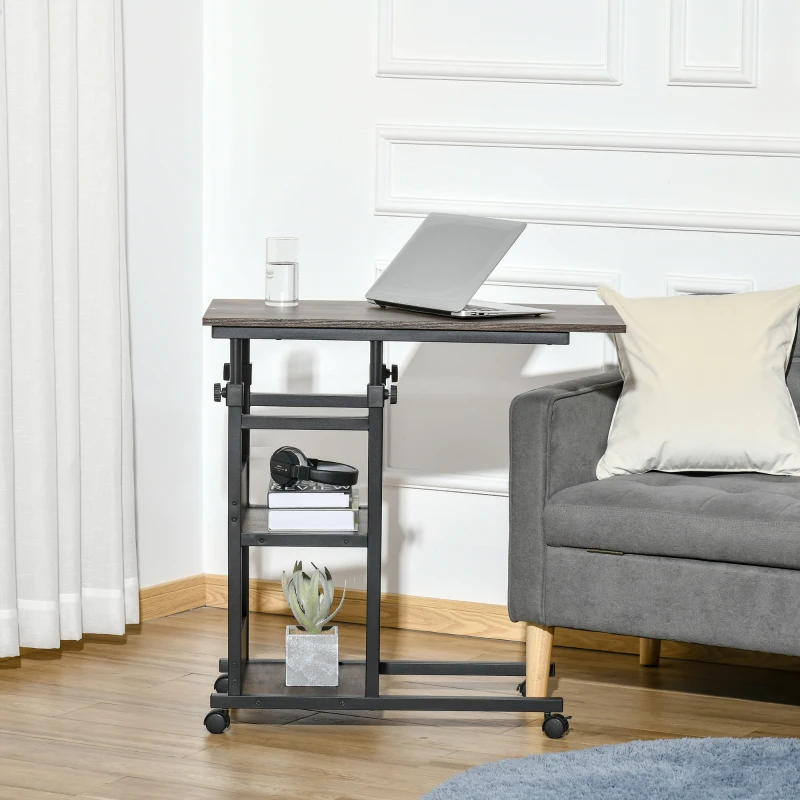 HOMCOM 3-Tier Mobile Side Table, C-Shaped End Table, Industrial Couch Table with Adjustable Height, Storage Shelves, Rustic Brown