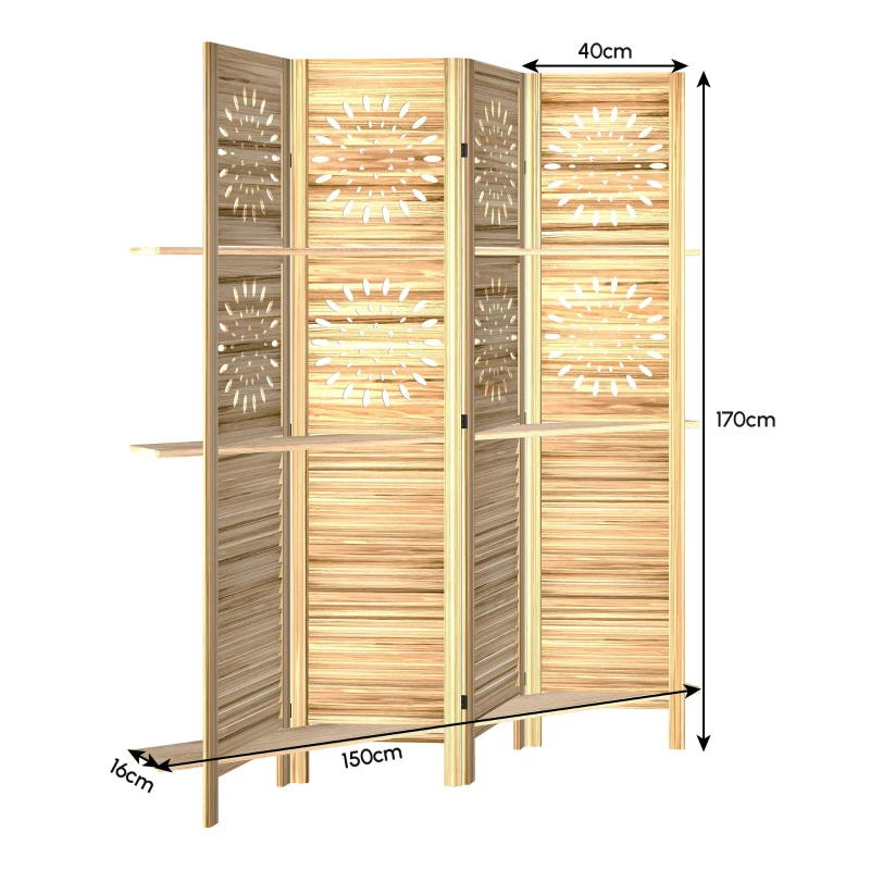 HOMCOM Innen-Paravent 4 Paneele und 3 Ablagen, 160 x 170 cm, faltbarer Raumteiler, Paulownia-Holz, Naturholz