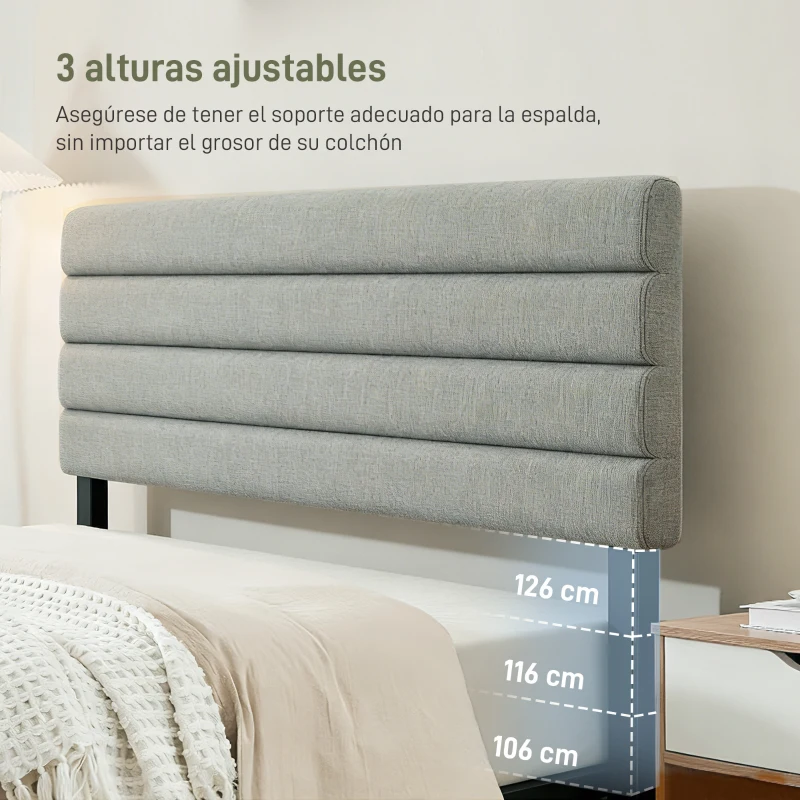 HOMCOM Cabecero de Cama 140 cm Tapizado en Lino Altura Ajustable de 3 Niveles 106/116/126 cm Montado a la Pared Gris