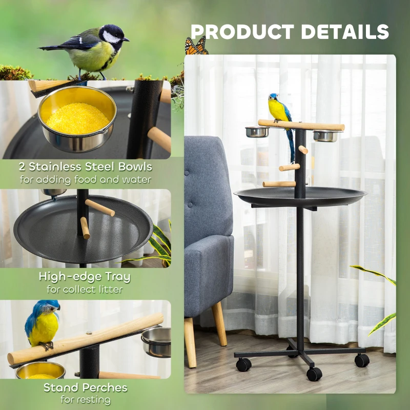 PawHut Parrot Perch Stand, Large Bird Play Stand, Metal Bird Table Feeder Station with Stainless Steel Bowls, Four Wheels, Round Tray, Black