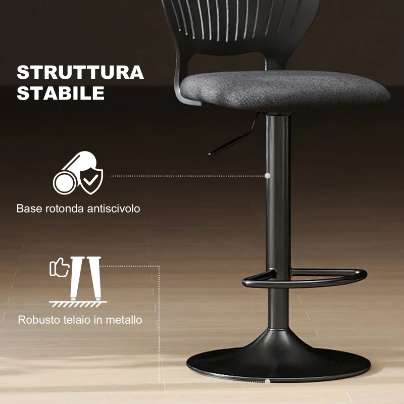 HOMCOM Set 2 Sgabelli da Bar Traspiranti in Tessuto Effetto Lino e Metallo con Poggiapiedi, 40.5x43x84-105 cm, Nero