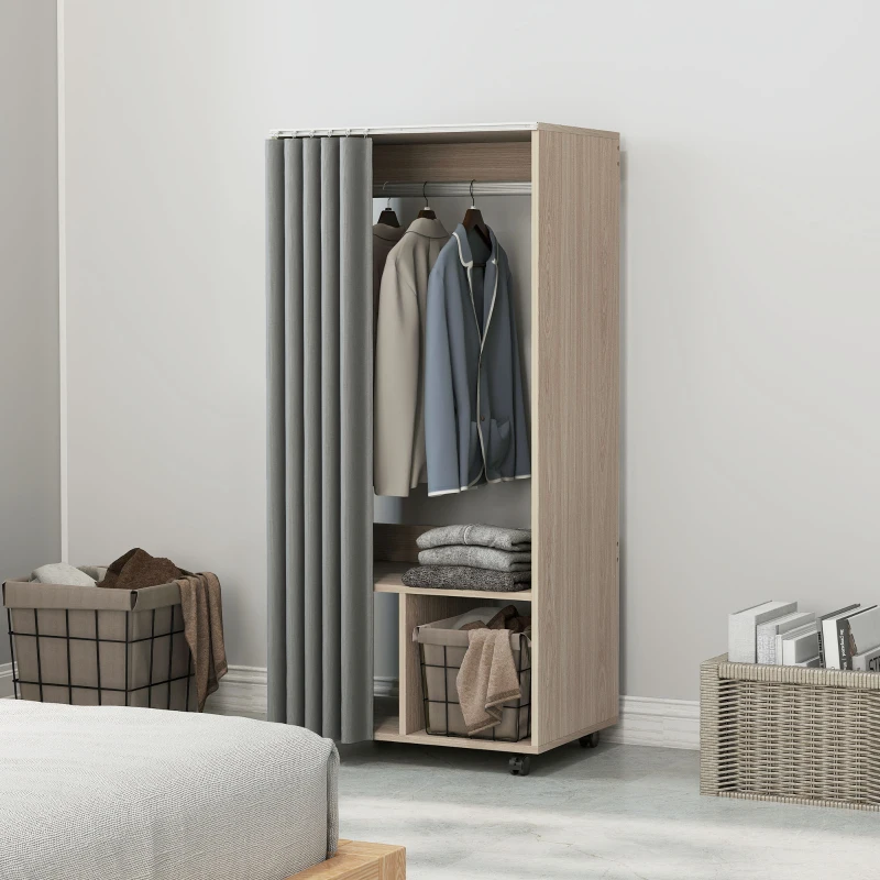 HOMCOM Armoire penderie armoire de rangement mobile avec rideau, tringle de suspension, 60 x 40 x 128 cm, effet bois naturel