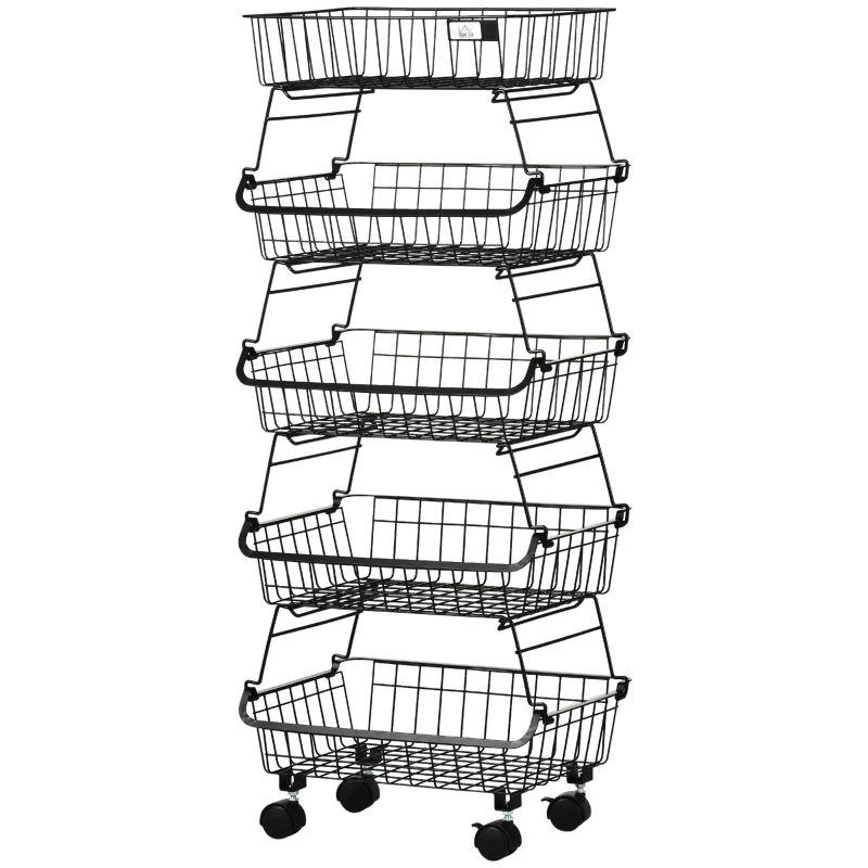 HOMCOM 5 Tier Storage Trolley, Stackable Fruit Vegetable Cart for Kitchen, Living Room, 40 x 2 x 97 cm, Black