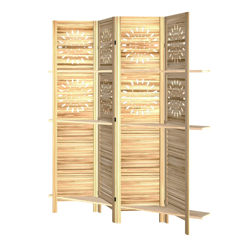 HOMCOM Biombo interior 4 paneles y 3 estantes, 160 x 170 cm, separador de ambiente plegable, madera de paulownia, madera natural