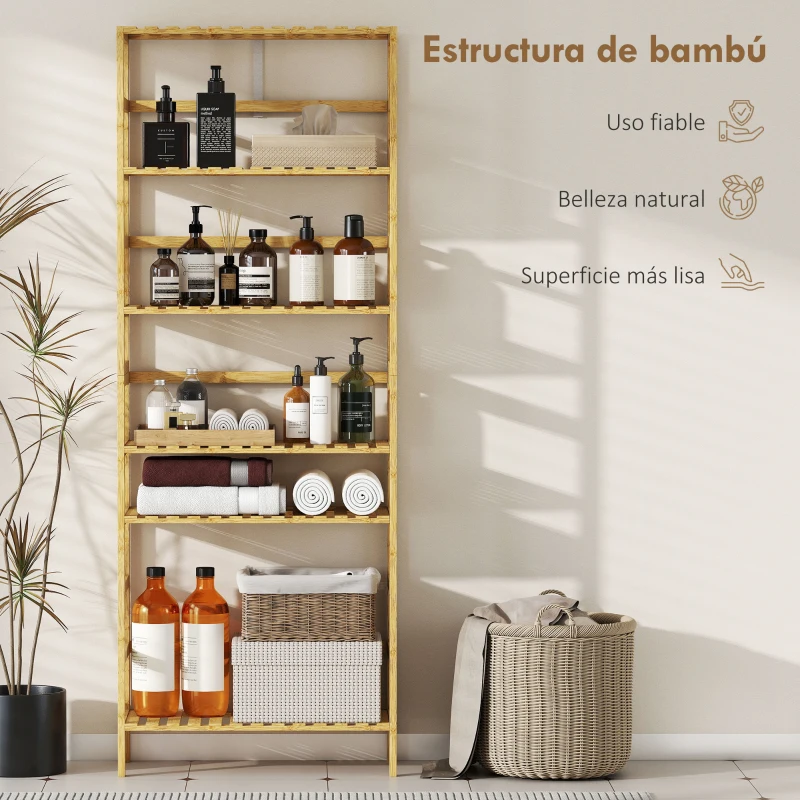 HOMCOM Estantería de Bambú de 6 Niveles Librería para Espacios Pequeños Baño Sala de Estar y Cocina Natural