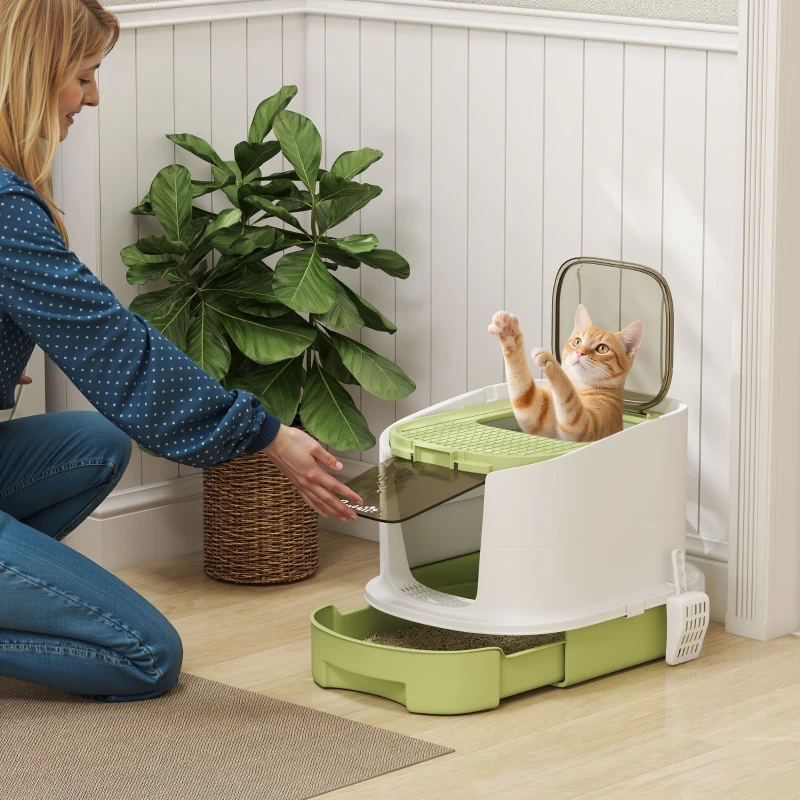 PawHut Maison de toilette pour chat bac à litière fermé chat avec porte translucide pelle incluse 40,5 x 52,5 x 42,5 cm vert