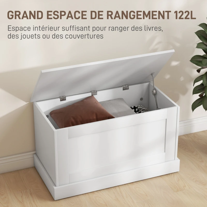 HOMCOM Coffre de rangement, coffre à jouets, avec charnière de sécurité, pour salon, en bois, 80 x 40 x 45 cm, blanc