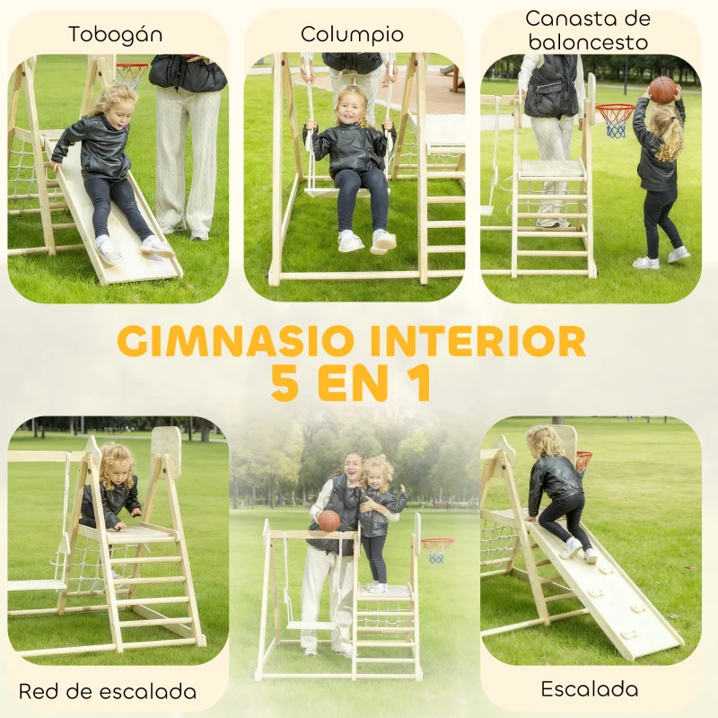 AIYAPLAY Tobogán Infantil 5 en 1 Estructura de Escalada con Tobogán Columpio Aro de Baloncesto Tabla Red de Escalada Natural
