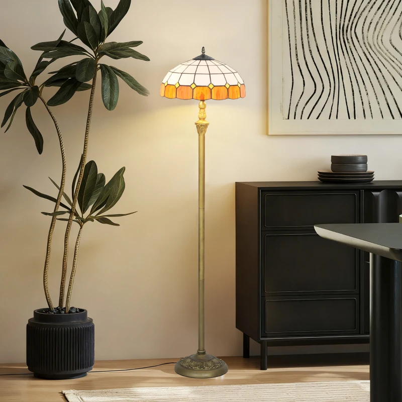 HOMCOM Tiffany-Style Floor Lamp with Handcrafted Stained Glass Shade, 152cm Tall Vintage Standing Lamp with Foot Switch and Dual Sockets for Living Room Bedroom, Bronze Tone and Orange