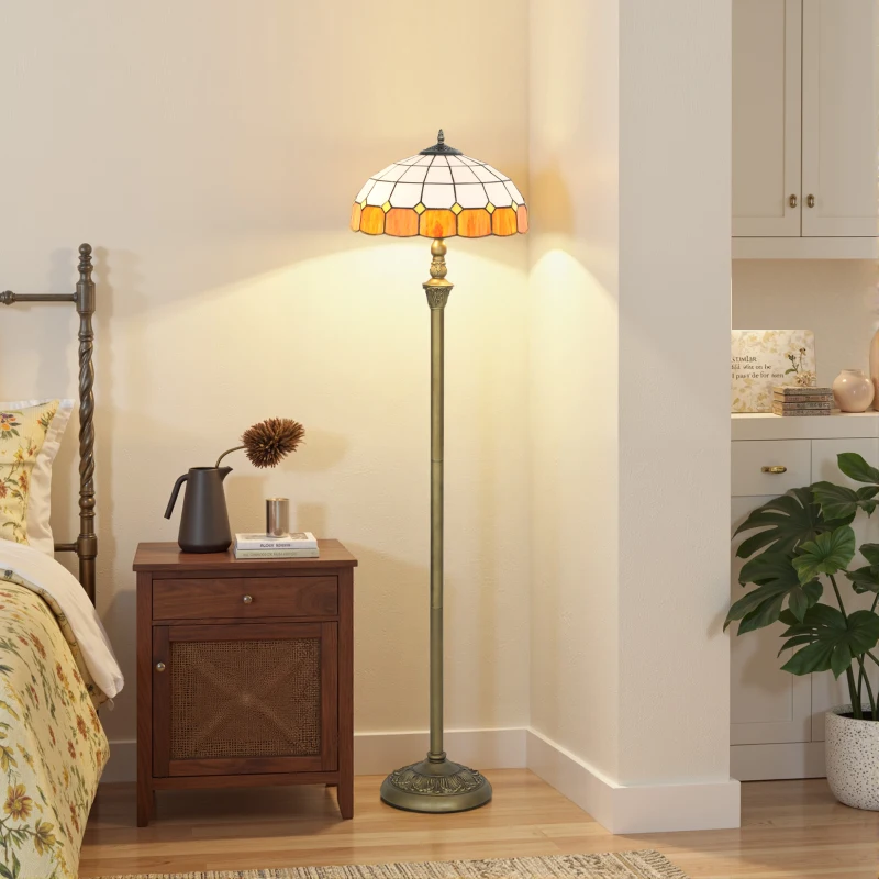 HOMCOM Tiffany-Style Floor Lamp with Handcrafted Stained Glass Shade, 152cm Tall Vintage Standing Lamp with Foot Switch and Dual Sockets for Living Room Bedroom, Bronze Tone and Orange