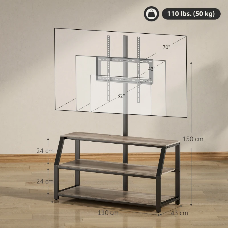 HOMCOM TV-Möbel mit Halterung für Fernseher bis 183 cm, TV-Schrank mit 2 offenen Ablagen, 110x43x150cm, grau