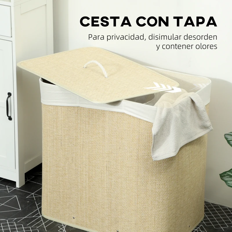HOMCOM Cesto de Ropa Sucia 144L de Bambú con 3 Compartimentos Asas Bolsa Interior Extraíble 60x40x60 cm Crema