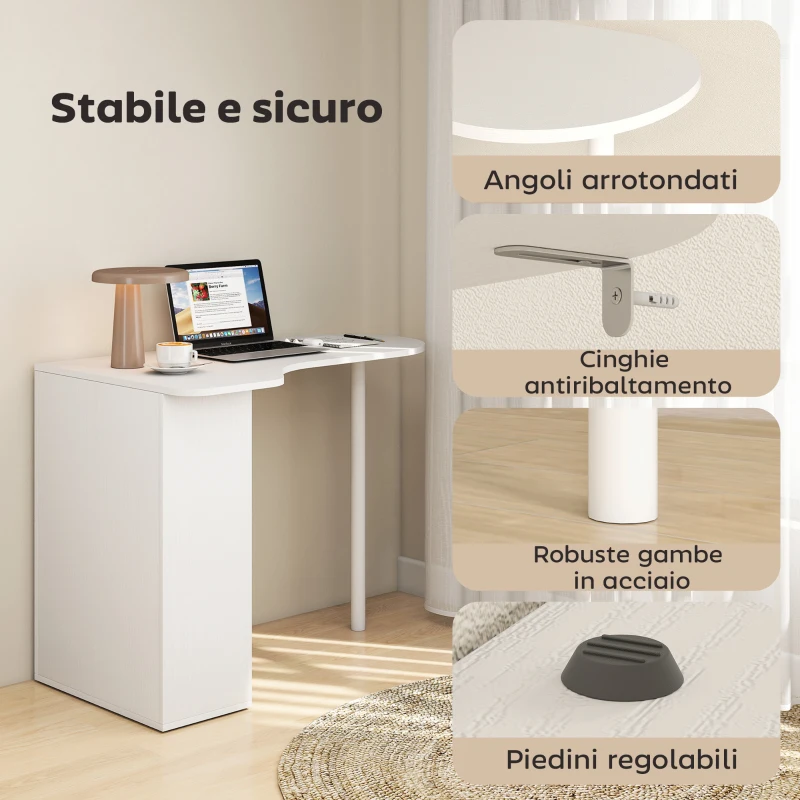 HOMCOM Scrivania per Camera Ricurva con 6 Ripiani e 4 Scaffali Regolabili, in Acciaio e Legno, 100x59x75.5 cm, Bianco