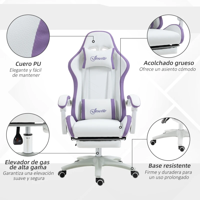 Vinsetto Silla Gaming Silla Gamer de Cuero PU Altura Ajustable Reclinable 135° Reposacabezas y Reposapiés 65x65x121-129 cm Blanco