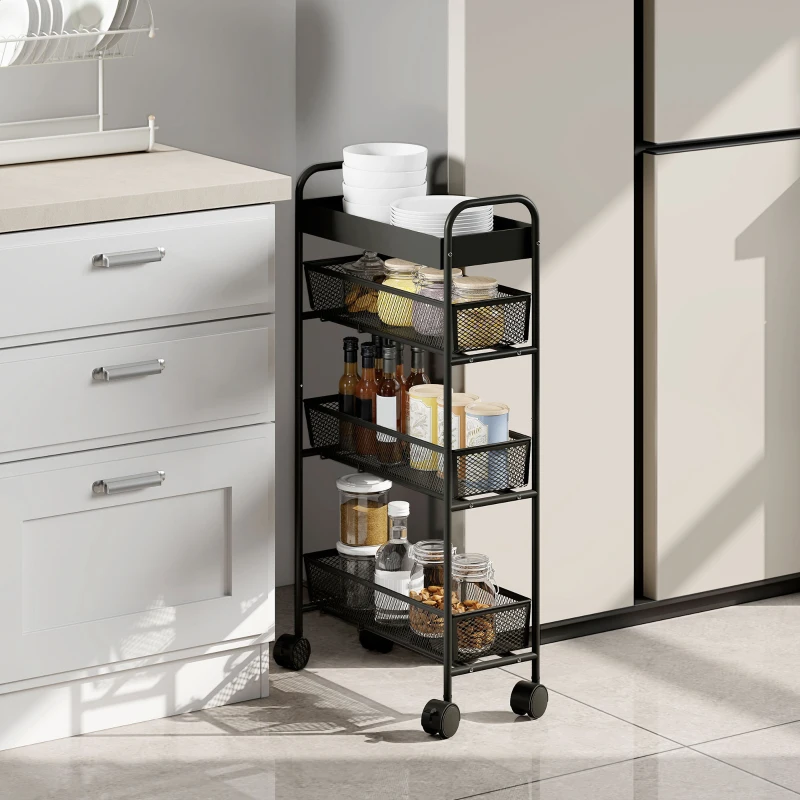 HOMCOM Chariot de rangement à 4 niveaux, desserte à roulettes, 3 paniers coulissants, panier supérieur 19 x 43,2 x 80 cm noir