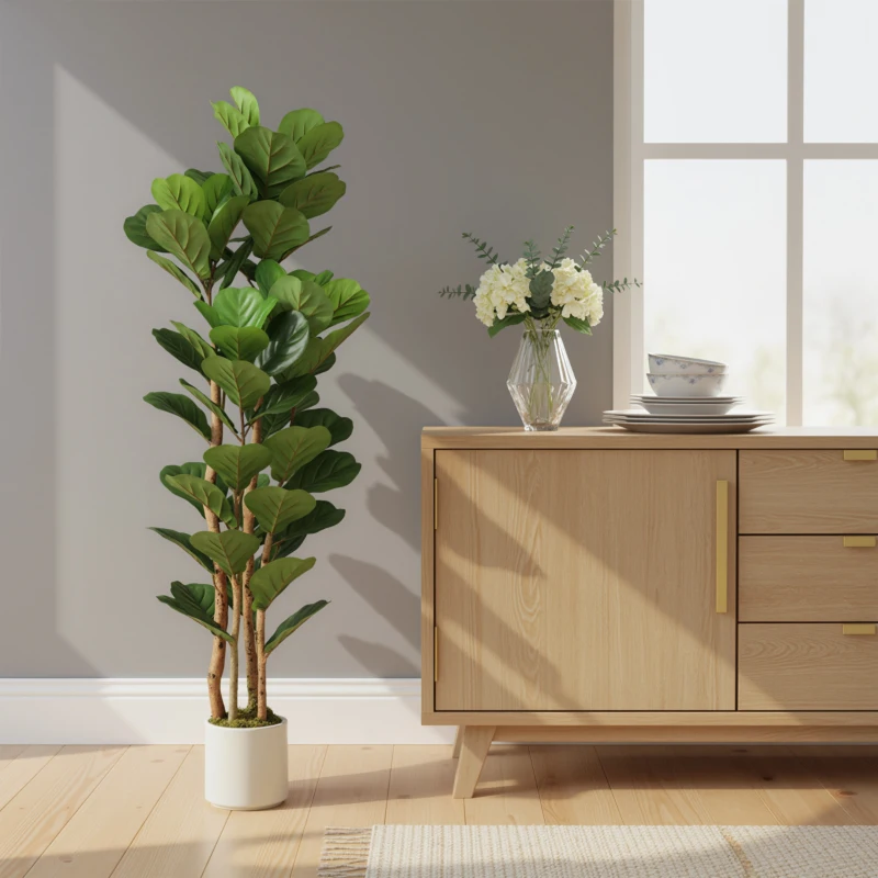 HOMCOM Kunstmatige vioolvijg kunstplant met 71 bladeren, massief houten stam, pot, 50 x 50 x 150 cm, groen