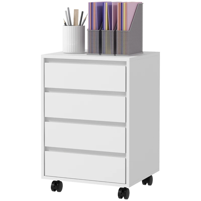 HOMCOM Cassettiera da Ufficio con 4 Cassetti e Ruote con Freno in Legno MDF, 46x40x65 cm, Bianco
