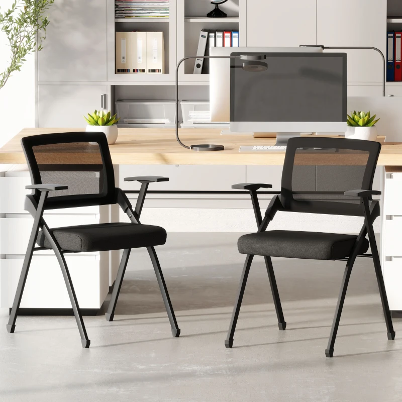 HOMCOM Set 2 Sedie Pieghevoli con Schienale Curvo e Braccioli, in Tessuto Effetto Lino e Acciaio, 61x56x84 cm, Nero