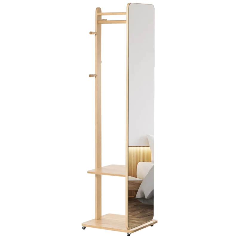 HOMCOM Miroir sur Pied avec roulettes - Portant, 4 patères étagère MDF Aspect Bois Clair