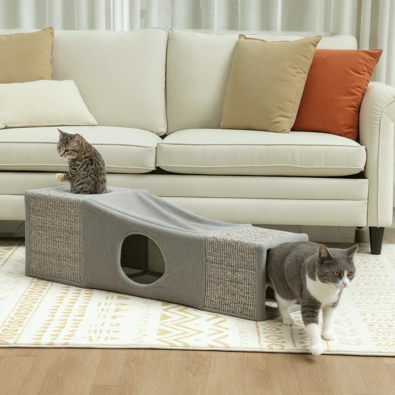 PawHut Tunnel pour chat intérieur jouets pour chats avec balle suspendue entrées multiples en sisal 98 x 30 x 30 cm gris
