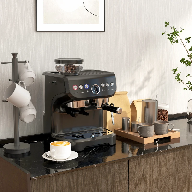HOMCOM Machine à expresso 1600W avec moulin à grains, buse vapeur, pompe italienne 15 bars, réservoir d'eau 2 L, noir