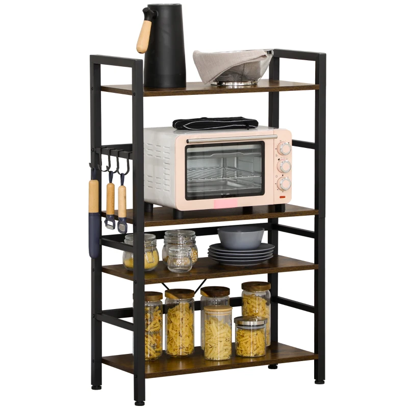 HOMCOM Estantería de Cocina Industrial con 4 Estantes 4 Ganchos y Sistema Antivuelco 65x30x102 cm Marrón Rústico y Negro