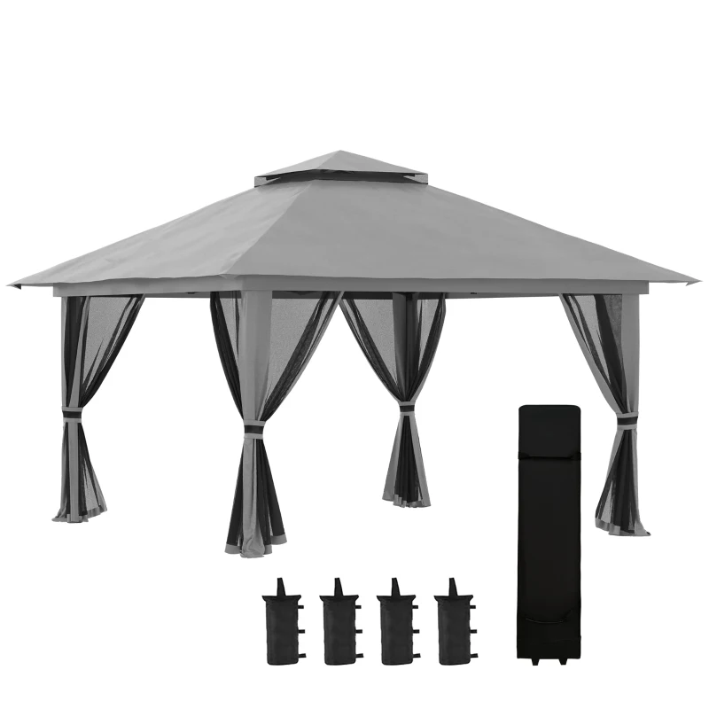 Outsunny Tonnelle barnum de jardin pop-up pliant double toit protection UV 50+ avec 4 moustiquaires zippées 4 x 4 m gris