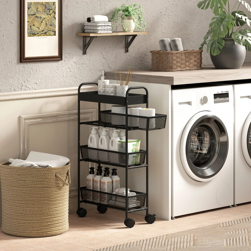 HOMCOM Chariot de rangement à 4 niveaux, desserte à roulettes, 3 paniers coulissants, panier supérieur 19 x 43,2 x 80 cm noir