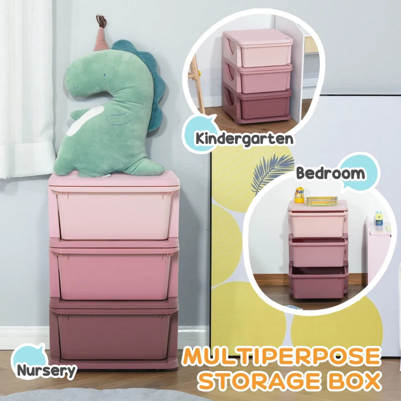 HOMCOM Kids Storage Units with 3 Drawers 3 Tier Chest Vertical Dresser Tower Toy Organizer for Nursery Playroom Kindergarten Pink