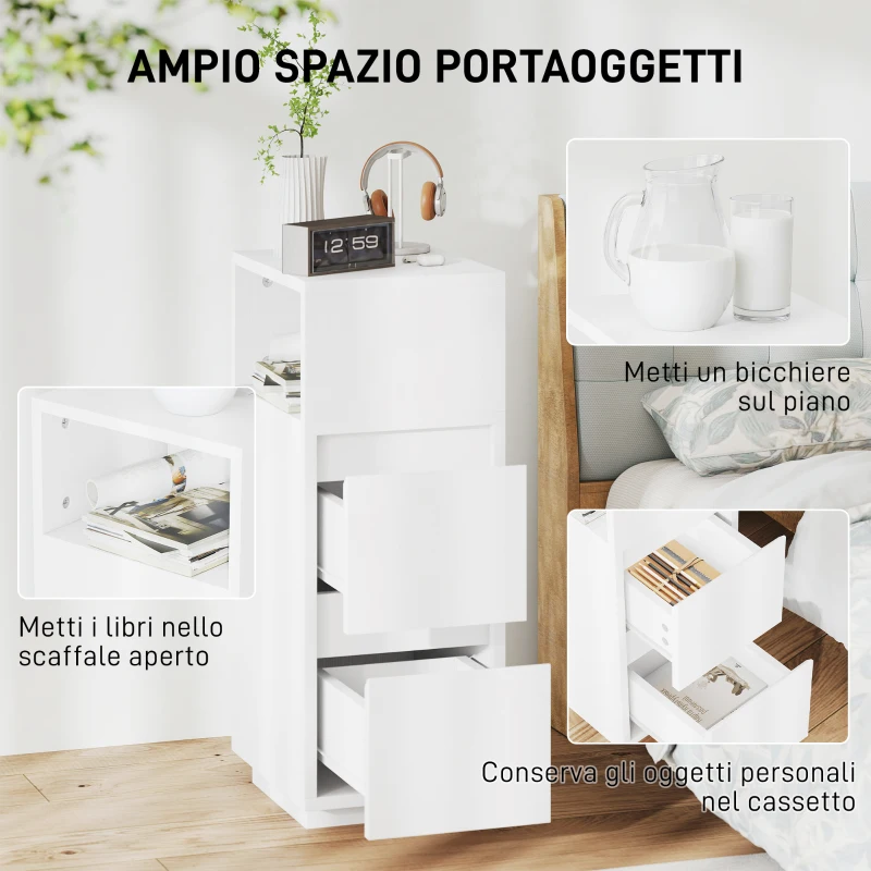 HOMCOM Set di 2 Comodini con 2 Cassetti e Ripiano Aperto Moderni e Salvaspazio, 25x30x65 cm, Bianco