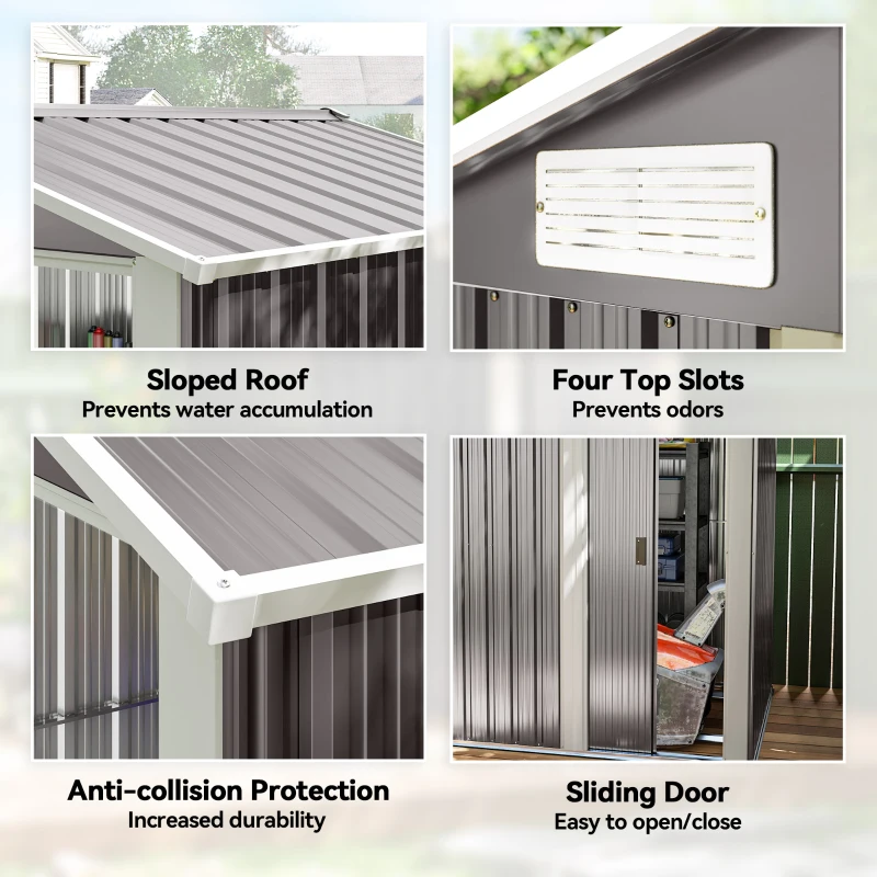 Outsunny Garden Metal Tool Storage Shed with Sliding Door, Sloped Roof and Foundation Kit, 152 x 132 x 188cm, Grey