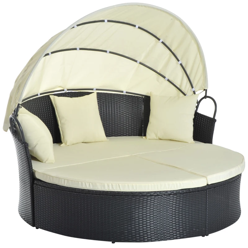 Outsunny Lit canapé de jardin modulable grand confort pare-soleil pliable intégré 4 coussins 3 oreillers 171L x 180l x 155H cm métal résine tressée polyester noir beige