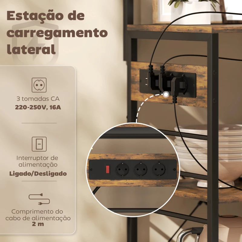 HOMCOM Estante de Cozinha com Três Tomadas e Luzes LED Estilo Industrial com Prateleiras para Micro-ondas 80x42x162 cm Castanho Rústico e Preto