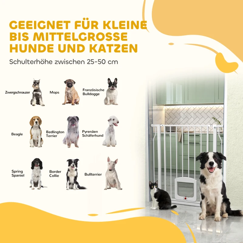 PawHut Traphekje Deurhek met kattenluik zonder boren 75-85 cm van staal voor honden, trap, deur, wit