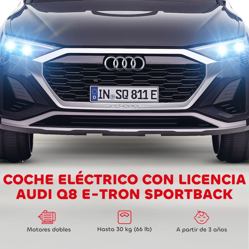 AIYAPLAY Coche Eléctrico para Niños Audi Q8 etron sportback con Batería 12V Mando a Distancia Faros Bocina y Música Negro