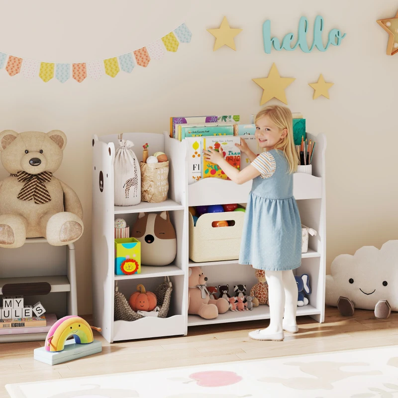 AIYAPLAY Étagère pour jouets pour enfants étagères ouvertes compartiments motif ours organiseur de jouets blanc