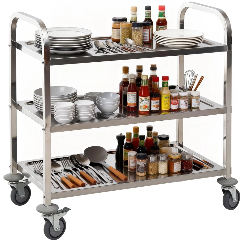 HOMCOM Carrito Auxiliar con Ruedas de Acero Inoxidable 90,5x50,5x88,2 cm Carrito de Cocina con Bandejas y 2 Brazos Plata