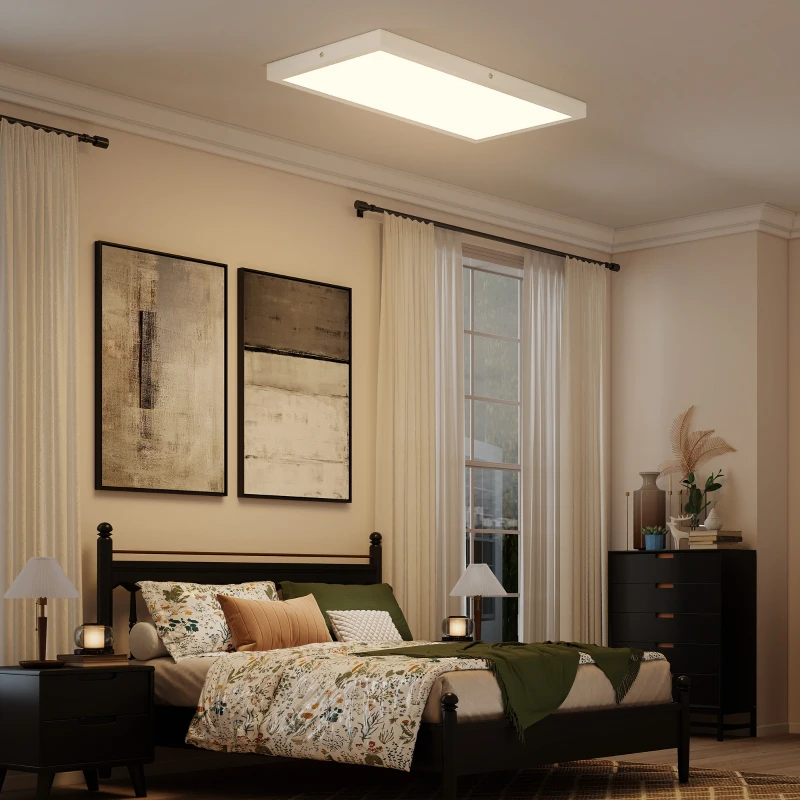 HOMCOM Set 2 dünne und minimalistische LED-Deckenleuchten mit einstellbarer Farbe, aus Stahl und Kunststoff, 60x30x3.7 cm, Weiß