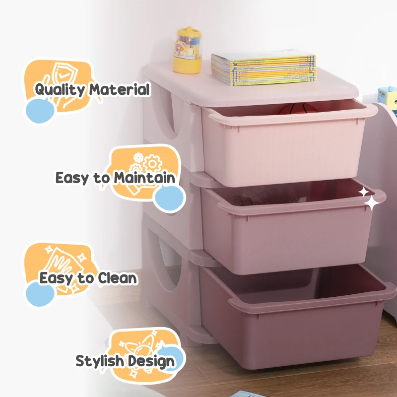 HOMCOM Kids Storage Units with 3 Drawers 3 Tier Chest Vertical Dresser Tower Toy Organizer for Nursery Playroom Kindergarten Pink